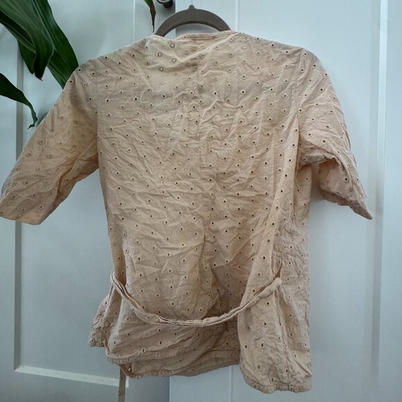 Cream Eyelet Wrap Top Short Sleeve Tie Waist (German Fair Sustainable Fashion) - Picture 2 of 3